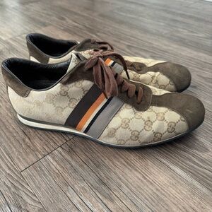Gucci Iconic Classic Canvas Brown Suede Orange Stripe Sneakers Size 8.5